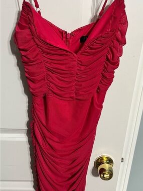Lulu's Ruched Hot Pink/Red Midi Dress with Spaghetti Straps